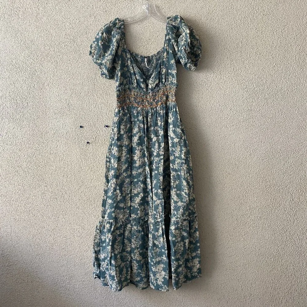 Free People Printed Ellie Maxi Dress Green Floral Smocked Peasant Size Small - Picture 4 of 13